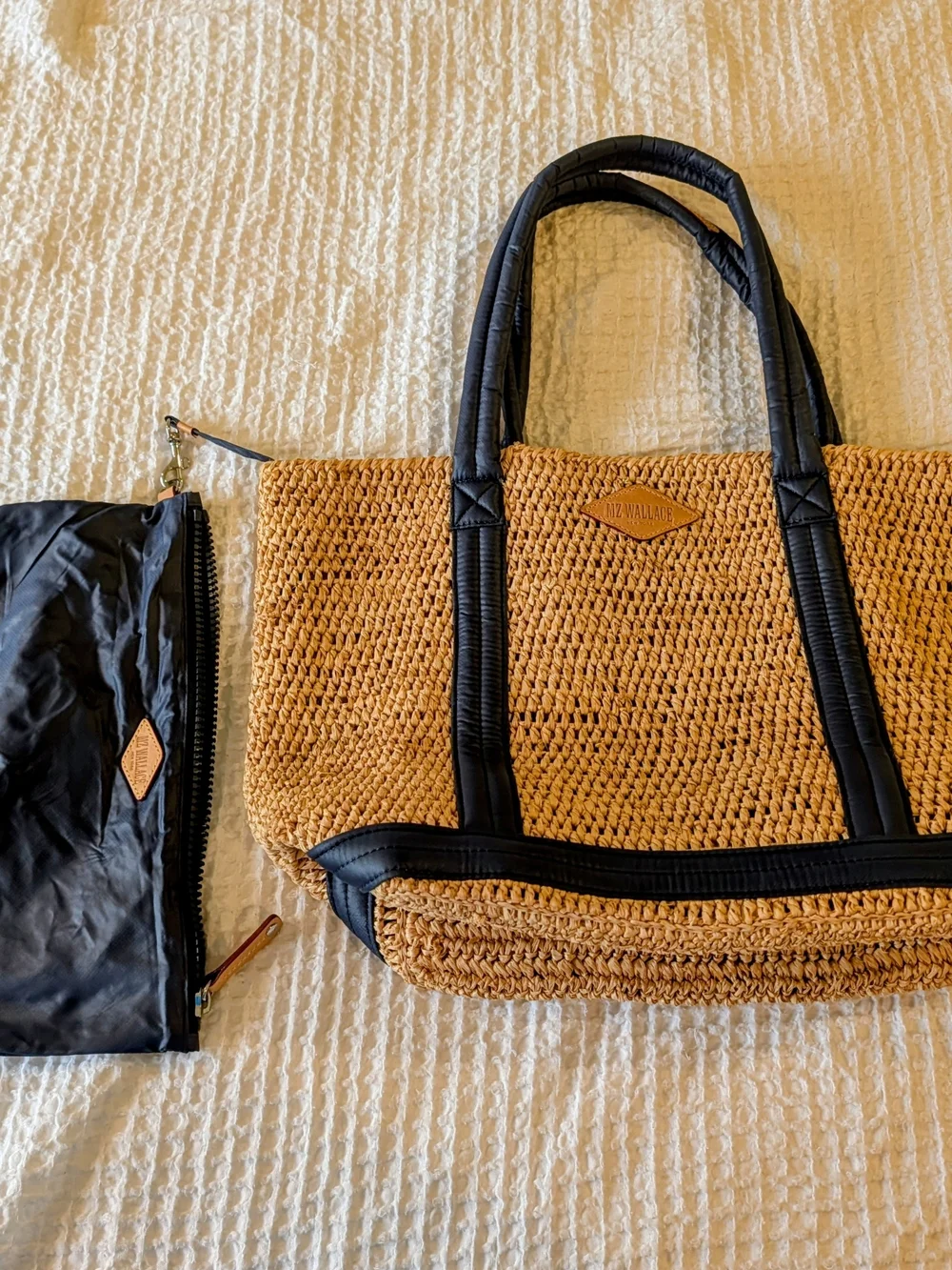 MZ Wallace Tan Woven Tote with Navy Trim and Removable Pouch